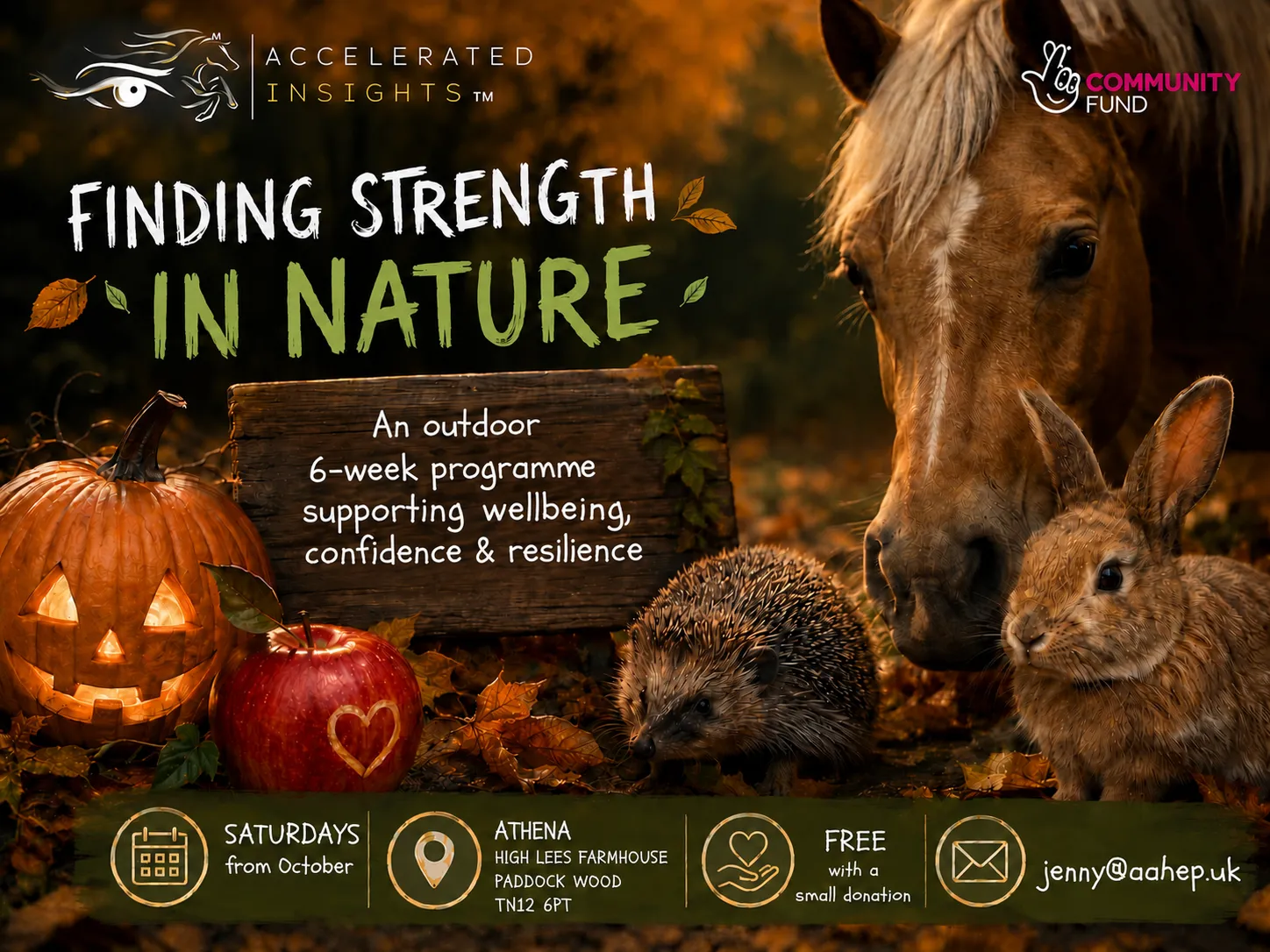 Finding Strength in Nature: an outdoor 6-week programme supporting wellbeing, confidence and resilience. Saturdays from October at Athena, High Lees Farmhouse, Paddock Wood TN12 6PT. Free with a small donation. jenny@aahep.uk